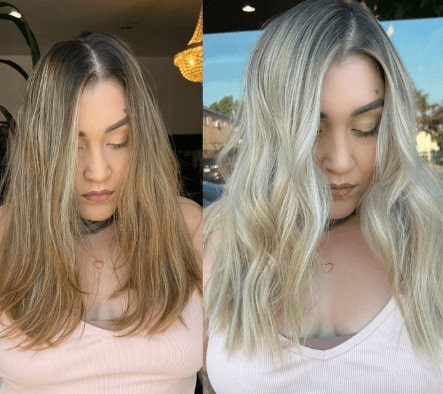 before and after purple shampoo on natural blonde hair