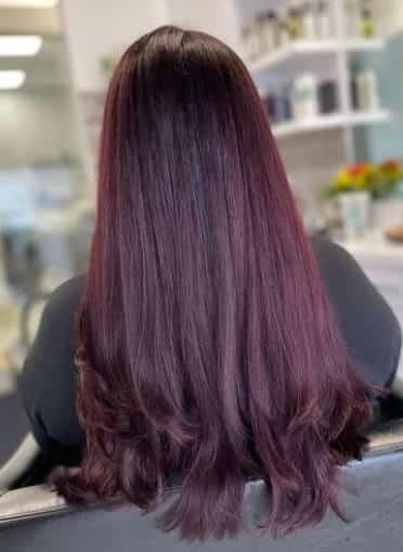 light brown hair with plum highlights