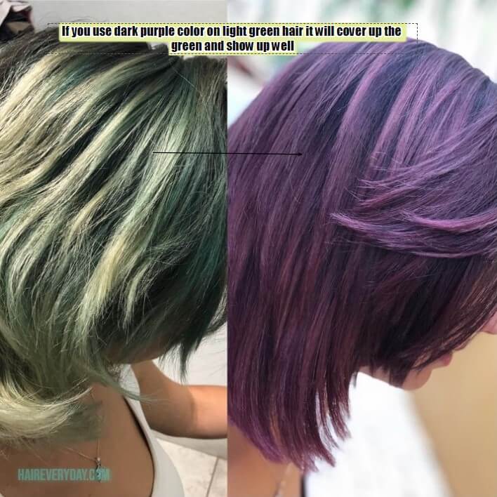 how will Purple Dye Over Green Hair look